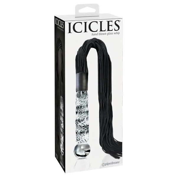 Icicles No. 38 - bőr korbács és üveg dildó (átlátszó-fekete)