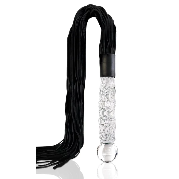 Icicles No. 38 - bőr korbács és üveg dildó (átlátszó-fekete)