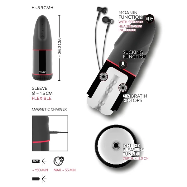 WYNE 02 - akkus, rezgő-szívó maszturbátor (fekete-fehér)