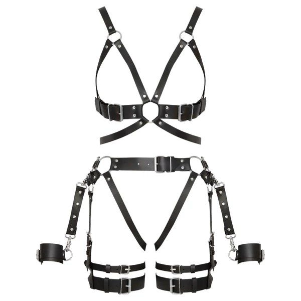 ZADO - többrészes bőr harness szett bilinccsel - fekete (S-M)