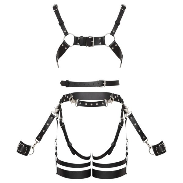 ZADO - többrészes bőr harness szett bilinccsel - fekete (S-M)