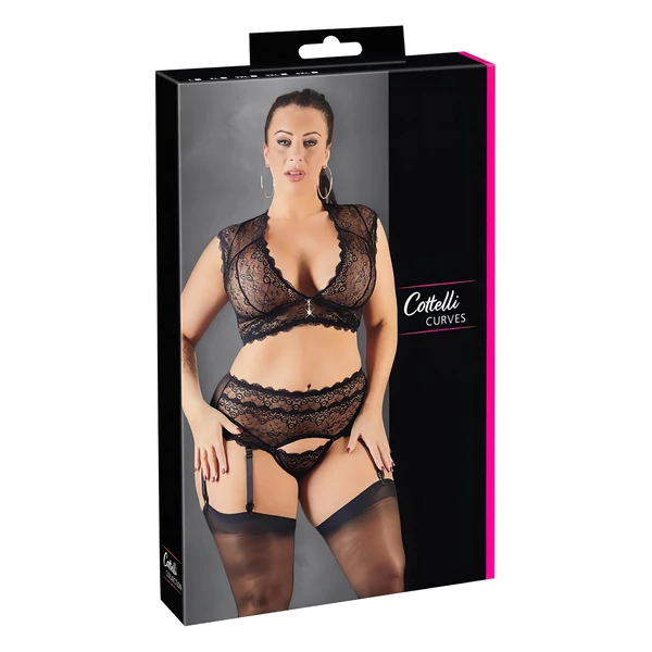 Cottelli Plus Size - strasszos, csipke fehérnemű szett (fekete)
