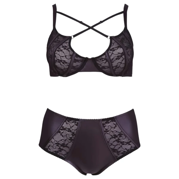 Cottelli Plus Size - keresztpántos melltartó és bugyi (fekete)