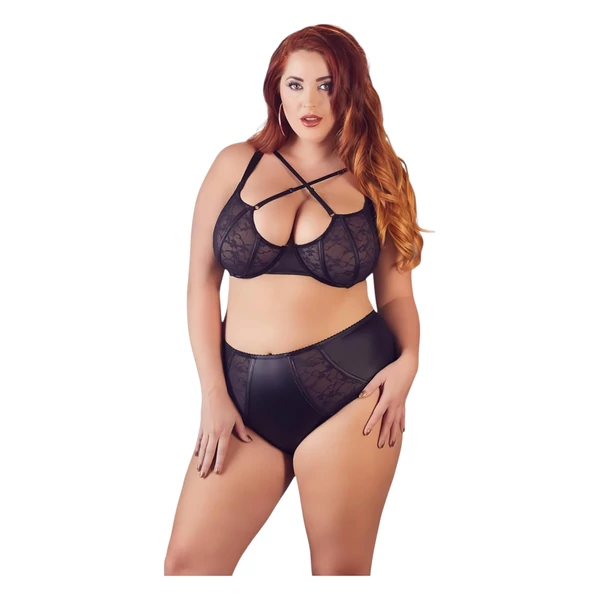 Cottelli Plus Size - keresztpántos melltartó és bugyi (fekete)