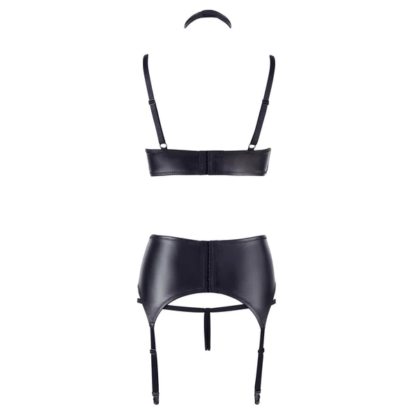Cottelli Bondage - csipkés-fényes fehérnemű szett pórázzal (fekete)