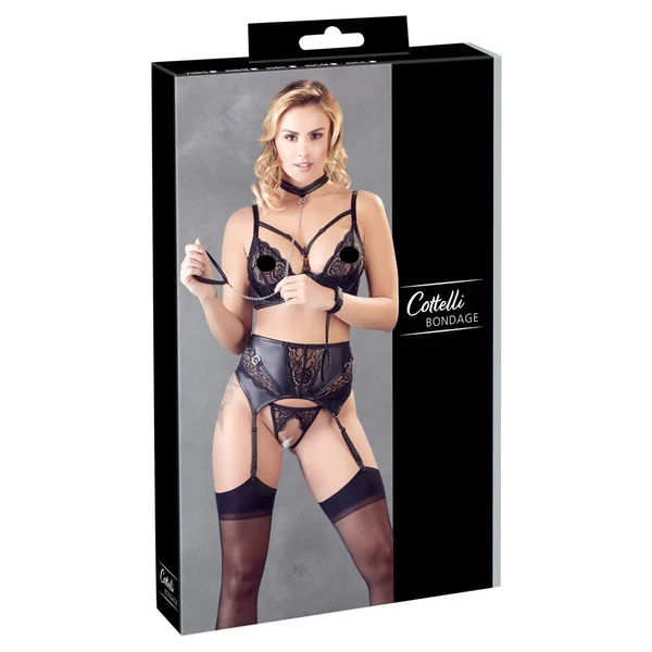 Cottelli Bondage - csipkés-fényes fehérnemű szett pórázzal (fekete)