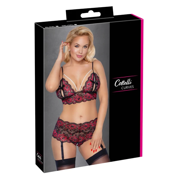 Cottelli Curves - virágos, nyitott melltartó szett (fekete)