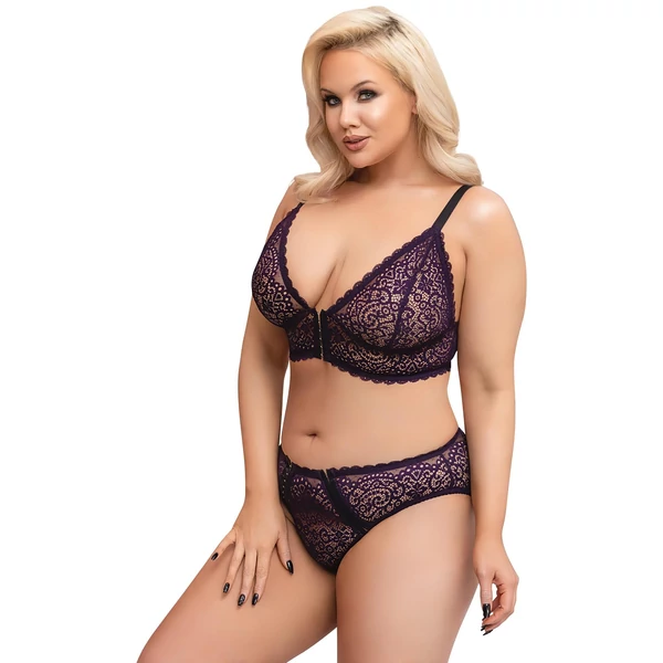 Cottelli Plus Size - áttetsző mintás melltartó szett (lila)