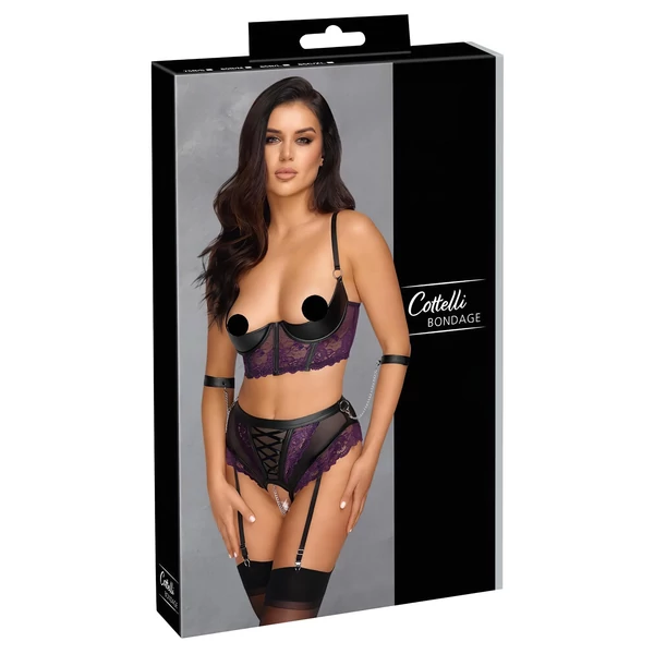 Cottelli Bondage - melltartó szett és kar bilincs (fekete-lila)