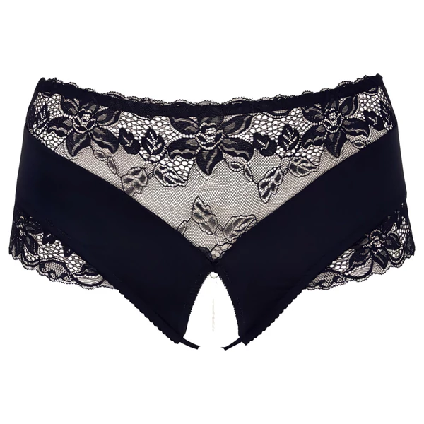 Cottelli Plus Size - csipkés gyöngyös nyitott bugyi (fekete)