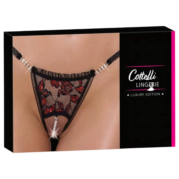 Cottelli - luxus, rózsás gyöngyös tanga (fekete)