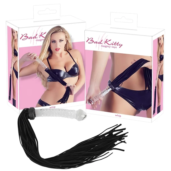 Bad Kitty - bőr korbács üveg dildóval (átlátszó-fekete)