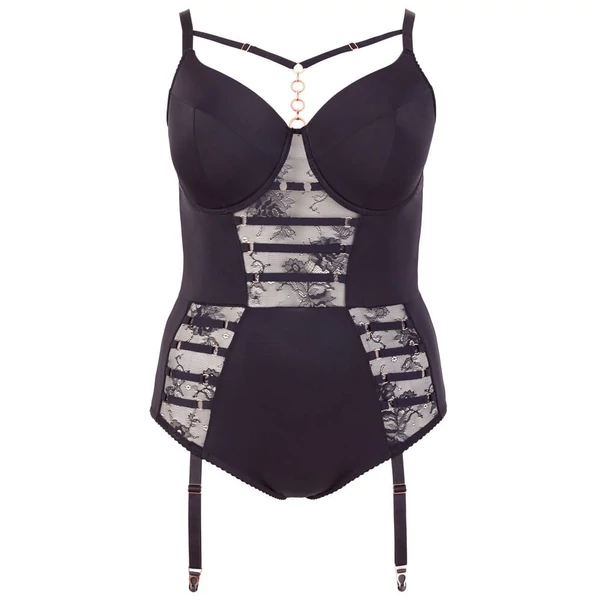 Cottelli Plus Size - pántos-csipkés láncos body (fekete)