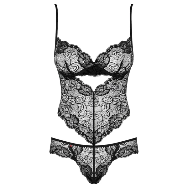 Obsessive Alluria - virágos csipke body (fekete)