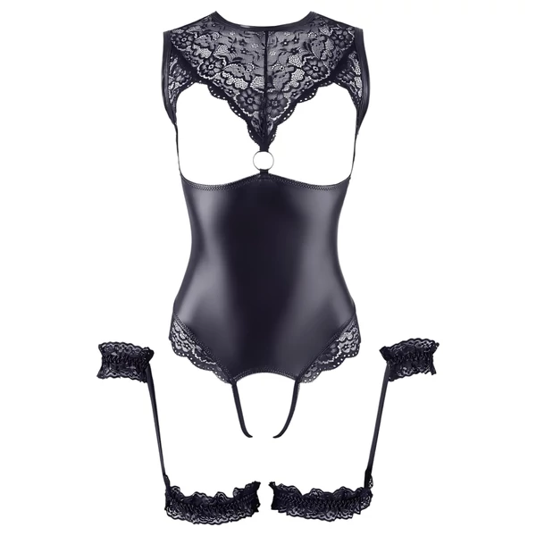 Cottelli Bondage - fényes nyitott body és kar bilincs (fekete)