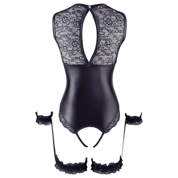 Cottelli Bondage - fényes nyitott body és kar bilincs (fekete)