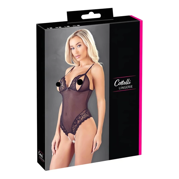 Cottelli - csipkés, gyöngyös nyitott body (fekete)