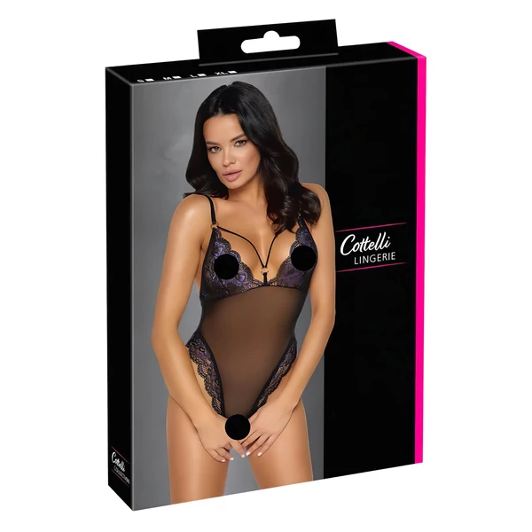Cottelli - hímzett, nyitott csipke body (fekete-lila)