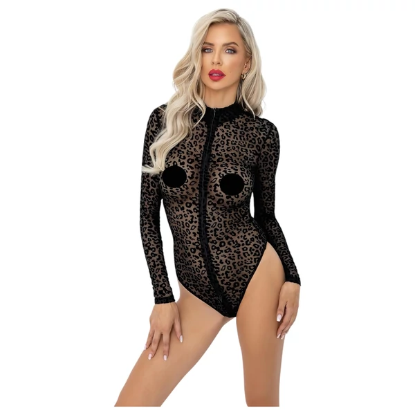 Noir - leopárd mintás, hosszúujjú body (fekete)