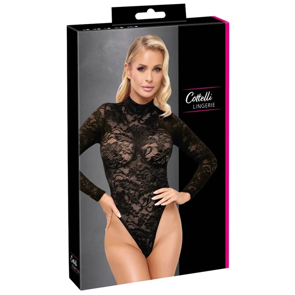 Cottelli - hosszú ujjú csipke body (fekete) - S-2XL
