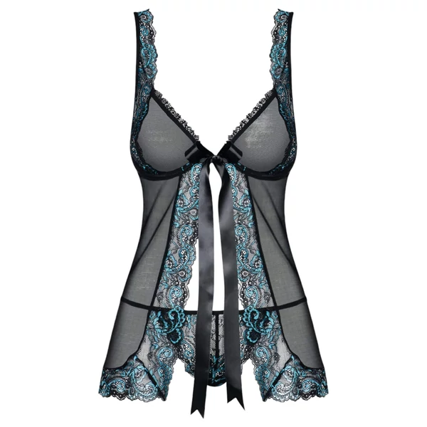 Obsessive Amanta - hímzett babydoll és tanga (fekete-türkiz)