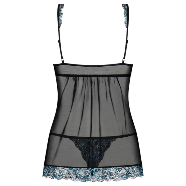 Obsessive Amanta - hímzett babydoll és tanga (fekete-türkiz)