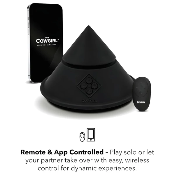 The Cowgirl Cone - app-vezérelt prémium szexgép - 2 cserélhető feltéttel, 20 rezgésmód (fekete)