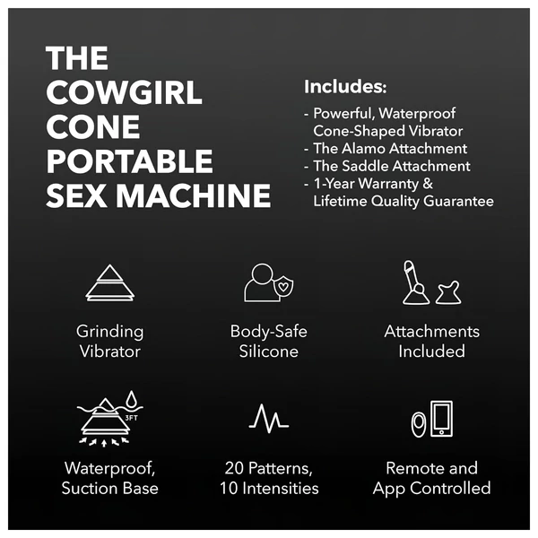 The Cowgirl Cone - app-vezérelt prémium szexgép - 2 cserélhető feltéttel, 20 rezgésmód (fekete)