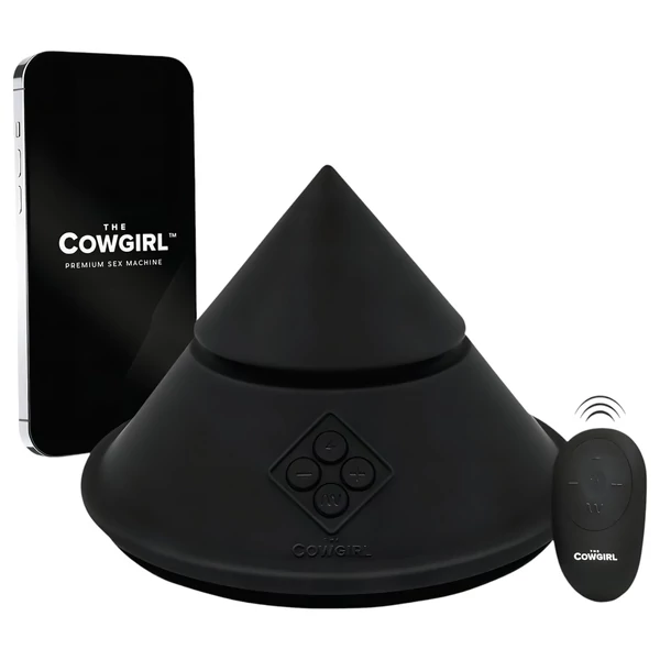 The Cowgirl Cone - app-vezérelt prémium szexgép - 2 cserélhető feltéttel, 20 rezgésmód (fekete)