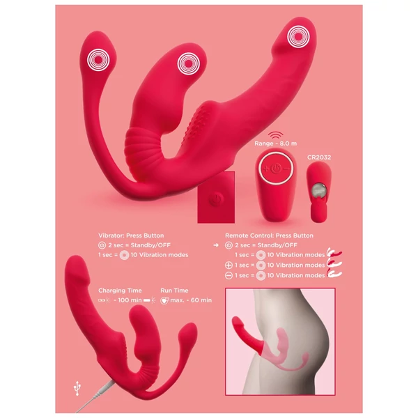 You2Toys Strapless - felcsatolható 3 ágú vibrátor (piros)