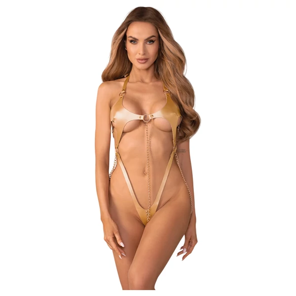 Obsessive Anyya - láncos bőrhatásű pántos body (arany)
