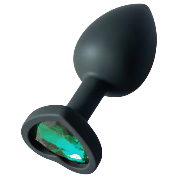 Sunfo - szilikon anál plug szív alakú sötét zöld kővel (fekete)