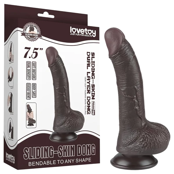 Sliding-Skin - tapadókorongos kétrétegű dildó - 19,5 cm (barna)