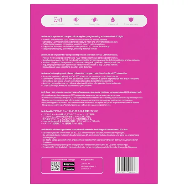 Lovense Lush Anal - App-vezérelt análvibrátor, LED-es - pink