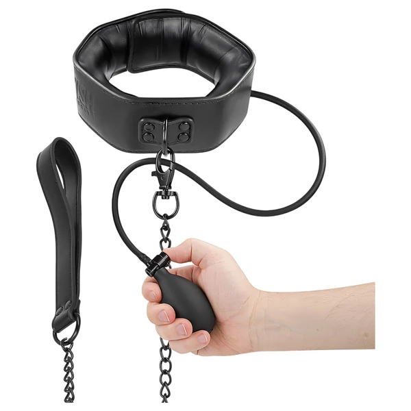 Fetish - felpumpálható nyakörv pórázzal (fekete)